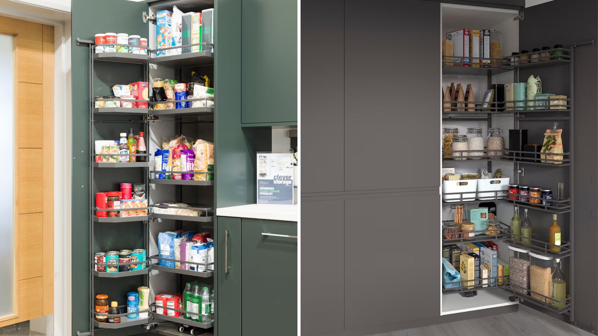 Collage image of two kitchen cabinets with pull-out larder units to show how to organize a pantry