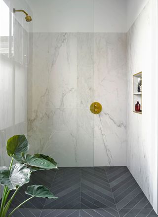 a modern wet room with a minimalist shower screen
