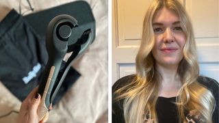 An image of the Babyliss Wave Secret Air on a pink bedspread next to an image of beauty editor Fiona McKim having tested the wand on her long blonde hair