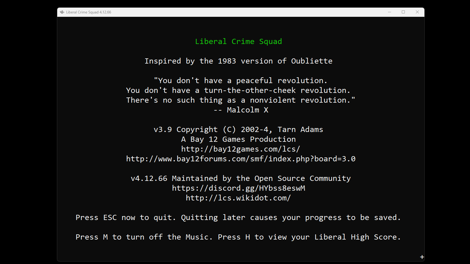 The intro screen of Liberal Crime Squad, bearing a Malcolm X quote that reads, ""You don't have a peaceful revolution. You don't have a turn-the-other-cheek revolution. There's no such thing as a nonviolent revolution".