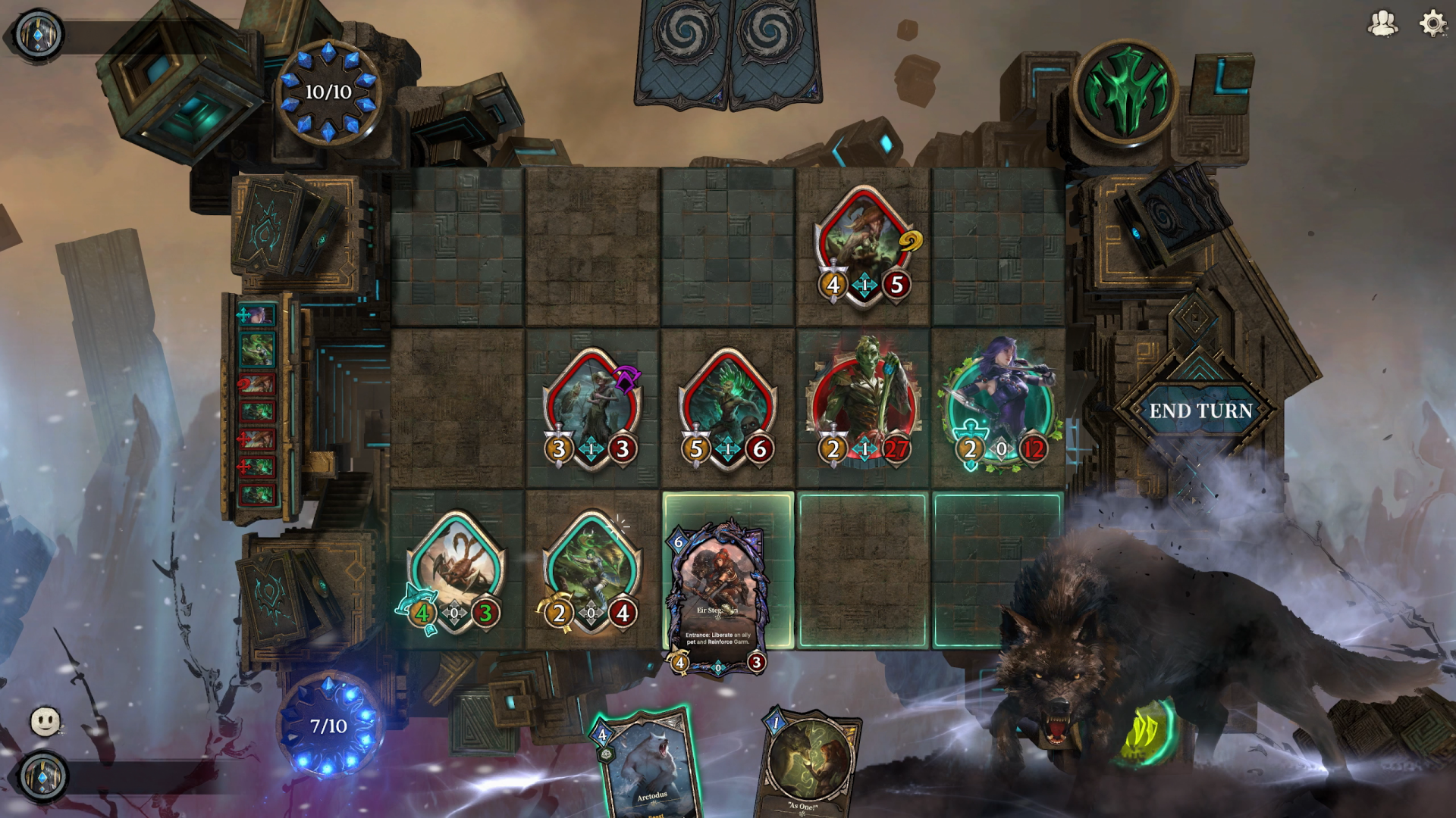A screenshot of Mistbound, showing cards being deployed onto the game board.