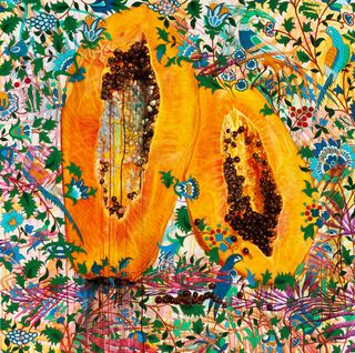 Grab it by the Papaya, by Kira Nam Greene, 2016. A painting of a large papaya surrounded by plants and birds.