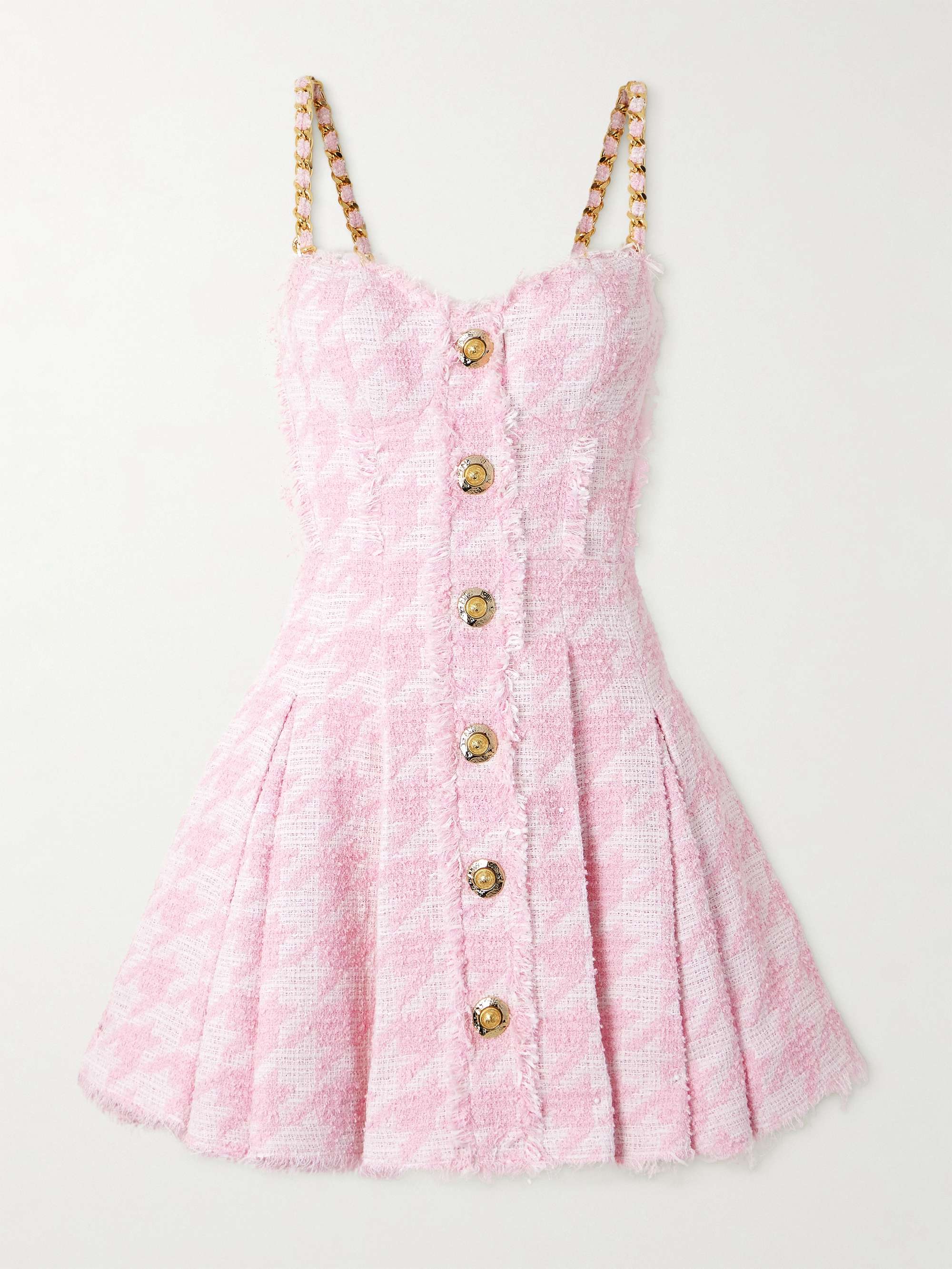 Embellished Frayed Houndstooth Cotton-Blend Tweed Mini Dress