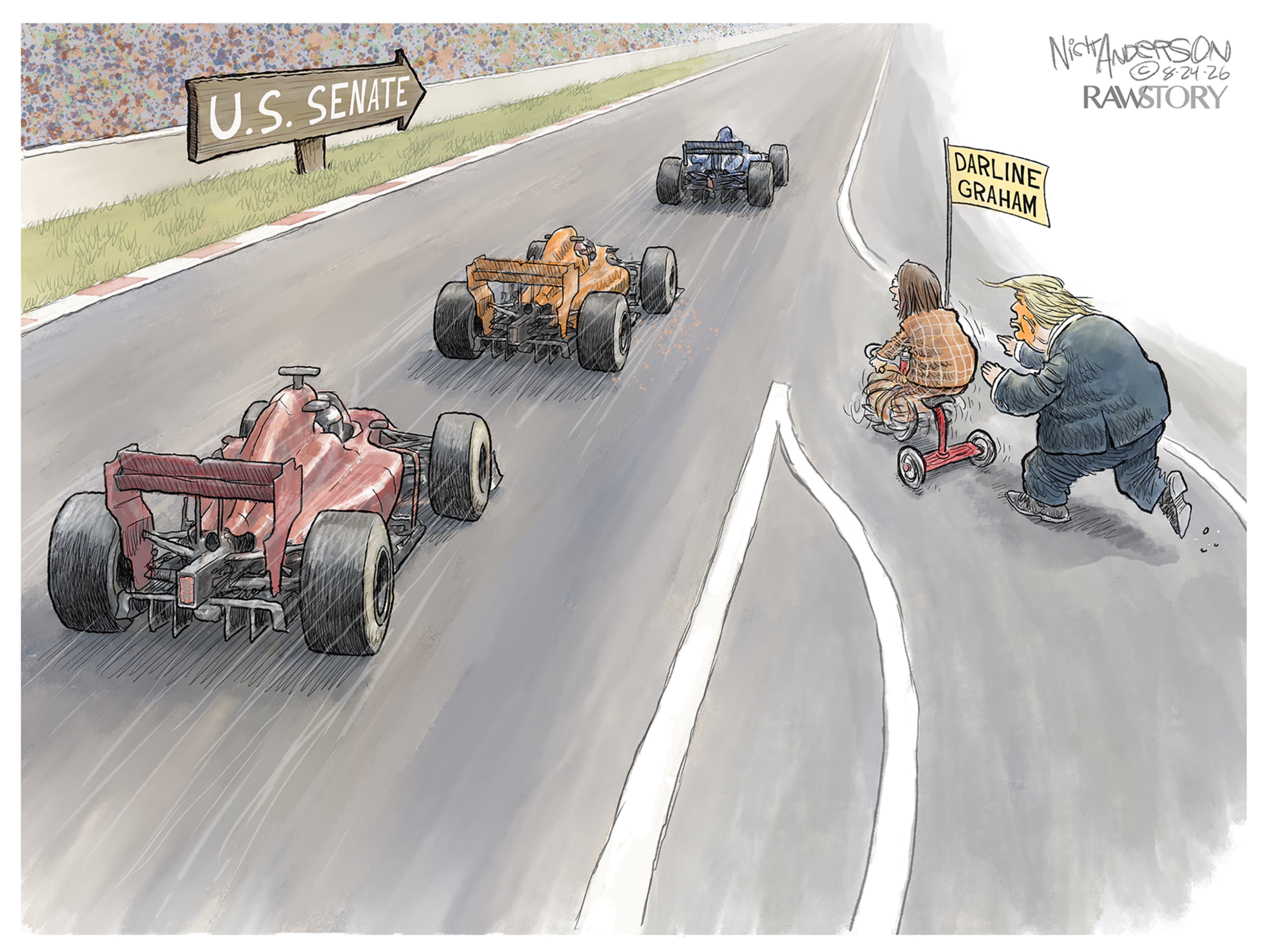 Donald Trump pushes a tricycle ridden by Darline Graham onto a race track where Formula 1 cars are racing to the U.S. Senate.