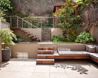 a tiered garden with multiple patios