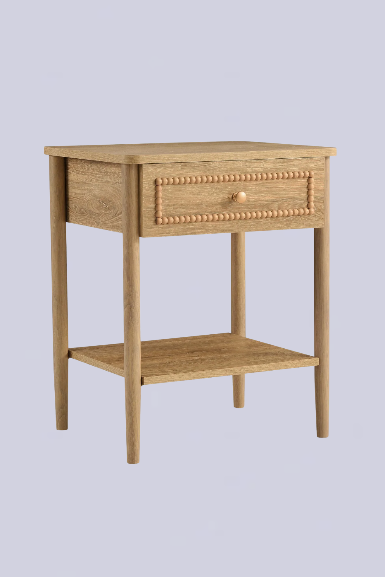 A wooden nightstand with bobbin detail
