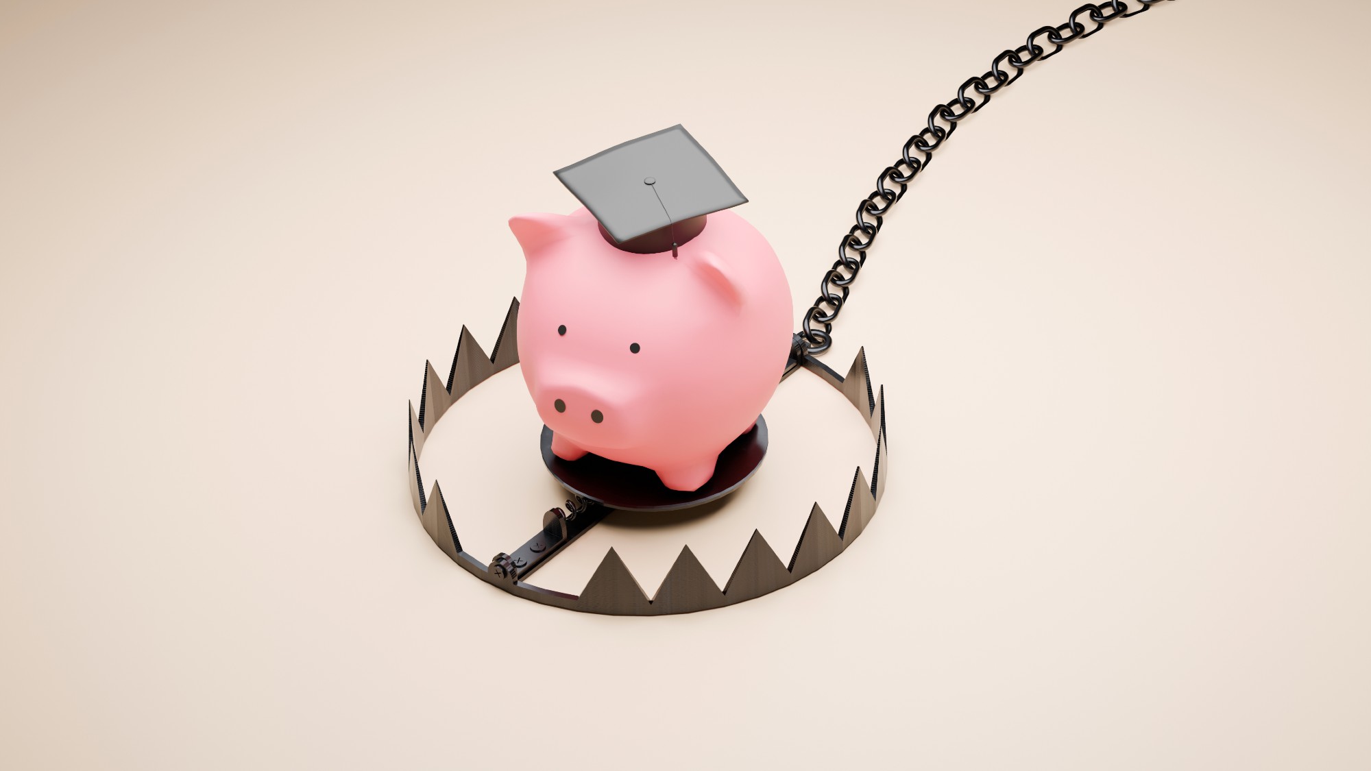 Piggy bank wearing a graduation cap stuck inside an animal trap