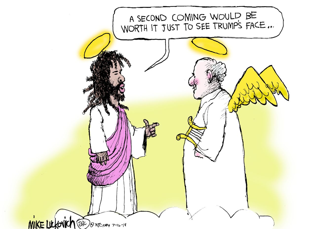 Political Cartoon U.S. Trump Jesus Second Coming Shocker