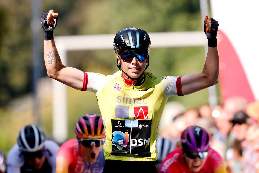 EDE NETHERLANDS AUGUST 31 Lorena Wiebes of Netherlands and Team DSM Yellow leader jersey celebrates winning during 25th Simac Ladies Tour 2022 Stage 2 a 1178km stage from Ede to Ede SLT2022 UCIWWT on August 31 2022 in Ede Netherlands Photo by Bas CzerwinskiGetty Images