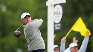 Rory McIlroy hits a driver on the second hole at Aroinimik Golf Course during the PGA Championship 2026