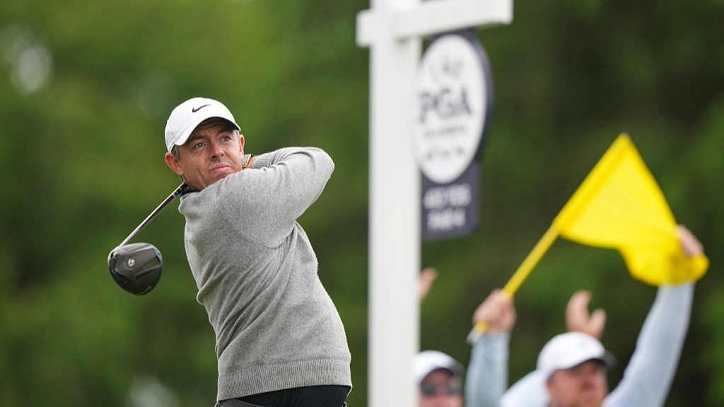 Rory McIlroy hits a driver on the second hole at Aroinimik Golf Course during the PGA Championship 2026