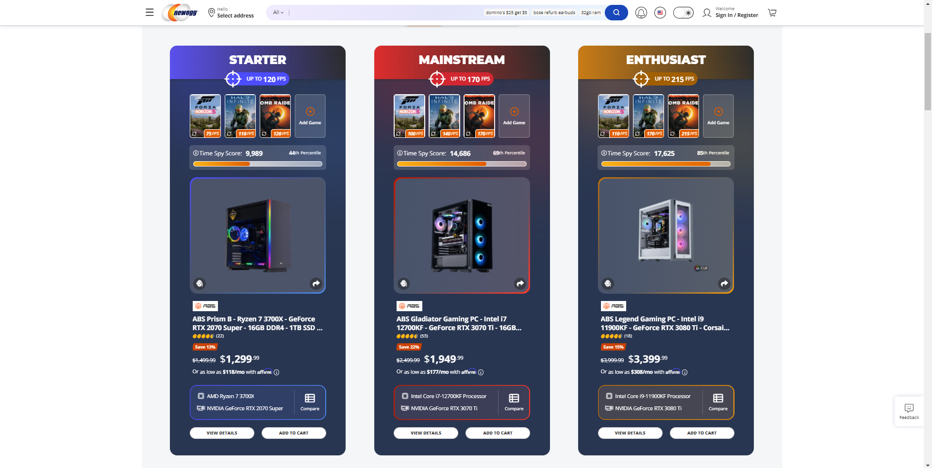 Newegg Gaming PC Finder Results