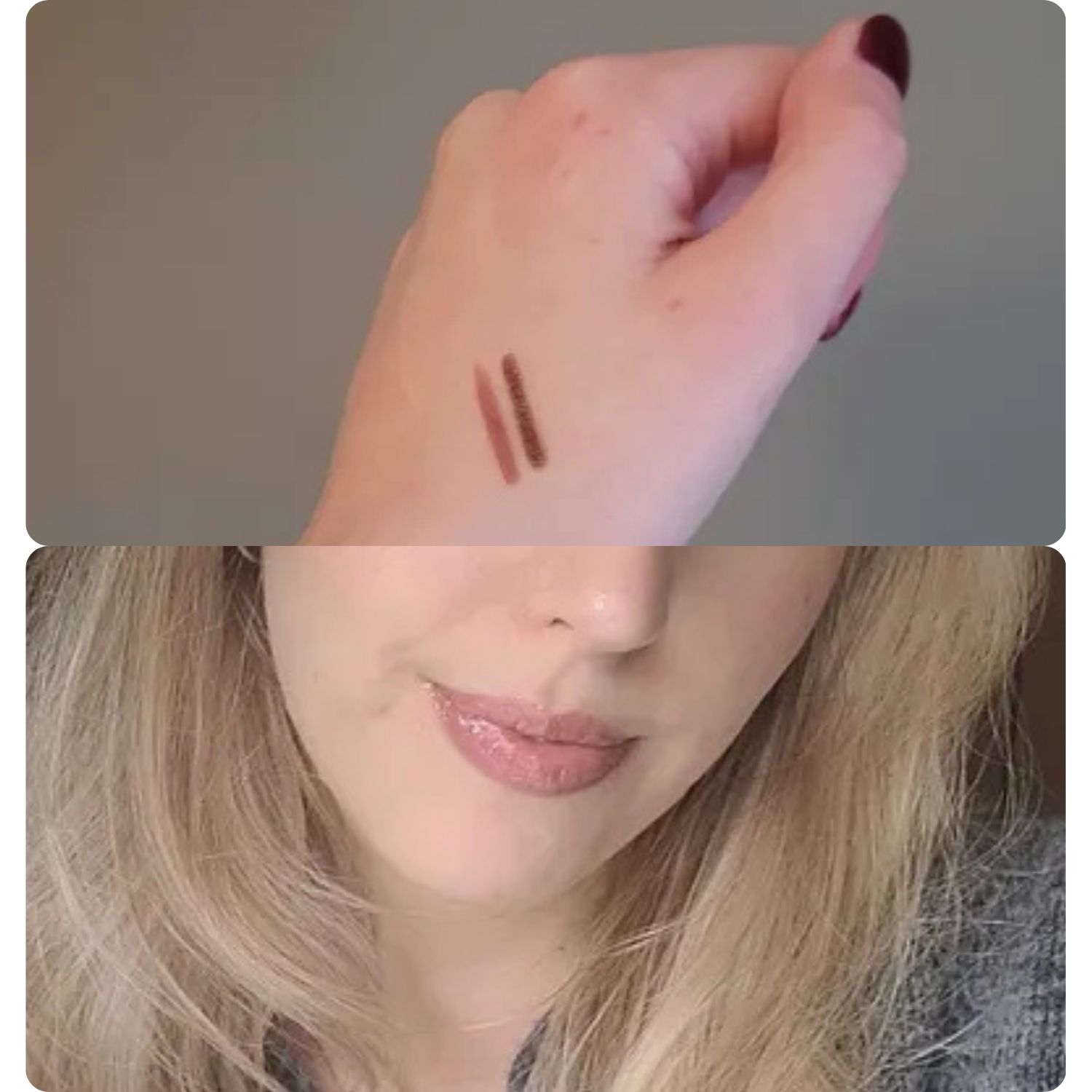 An image of beauty writer Naomi Jamieson's hand with a swatch of ELF lip liner above an image of the lip liner on her lips