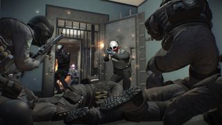 Free Epic games — The crew of player-controlled Payday 2 thieves emerge from a bank vault and into a firefight with law enforcement, firing assault rifles at a SWAT team.