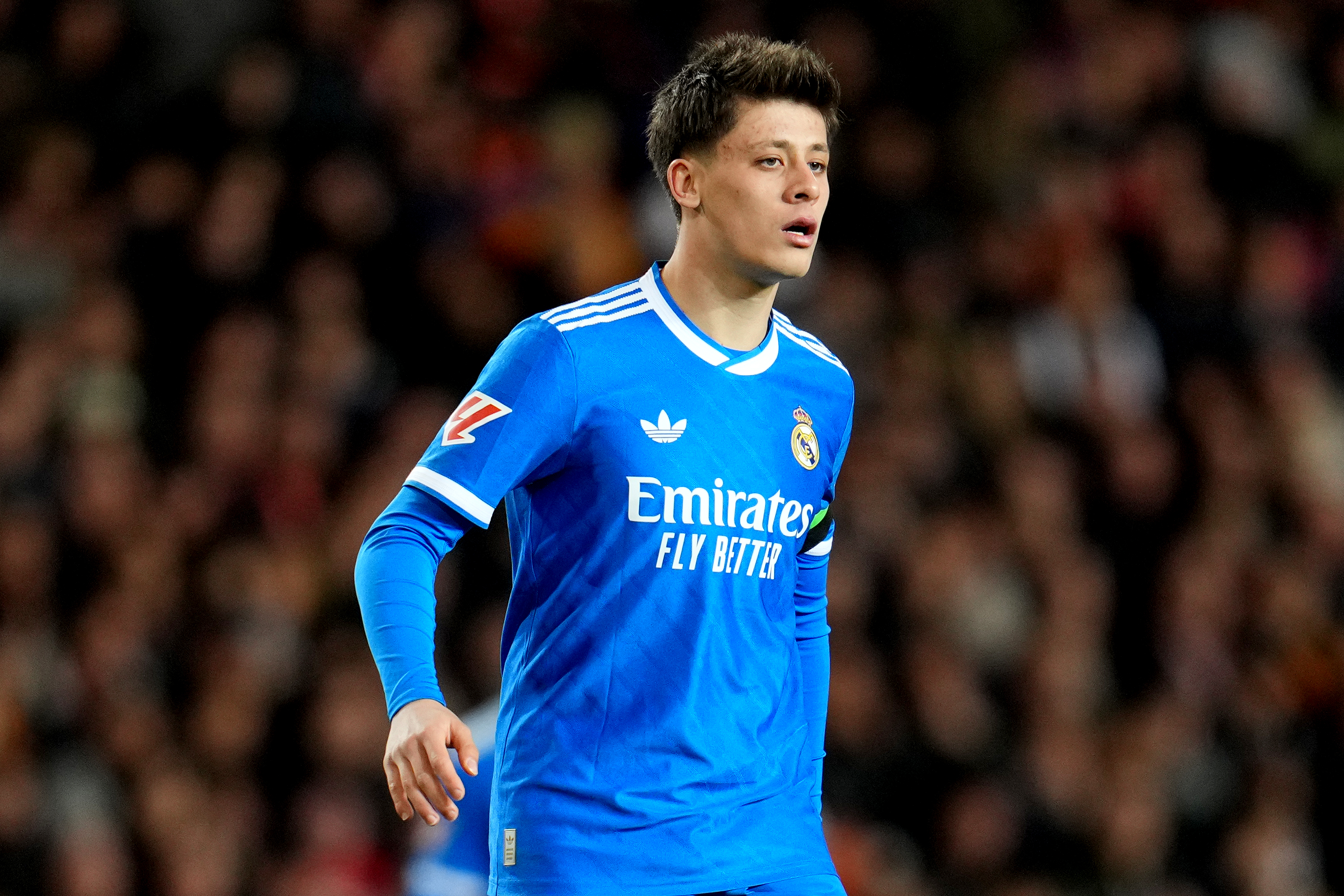 VALENCIA, SPAIN - FEBRUARY 08: Arda Gueler of Real Madrid looks on during the LaLiga EA Sports match between Valencia CF and Real Madrid CF at Estadi de Mestalla on February 08, 2026 in Valencia, Spain. (Photo by Aitor Alcalde/Getty Images)
