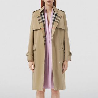 model wearing checked front panel Burberry trench coat