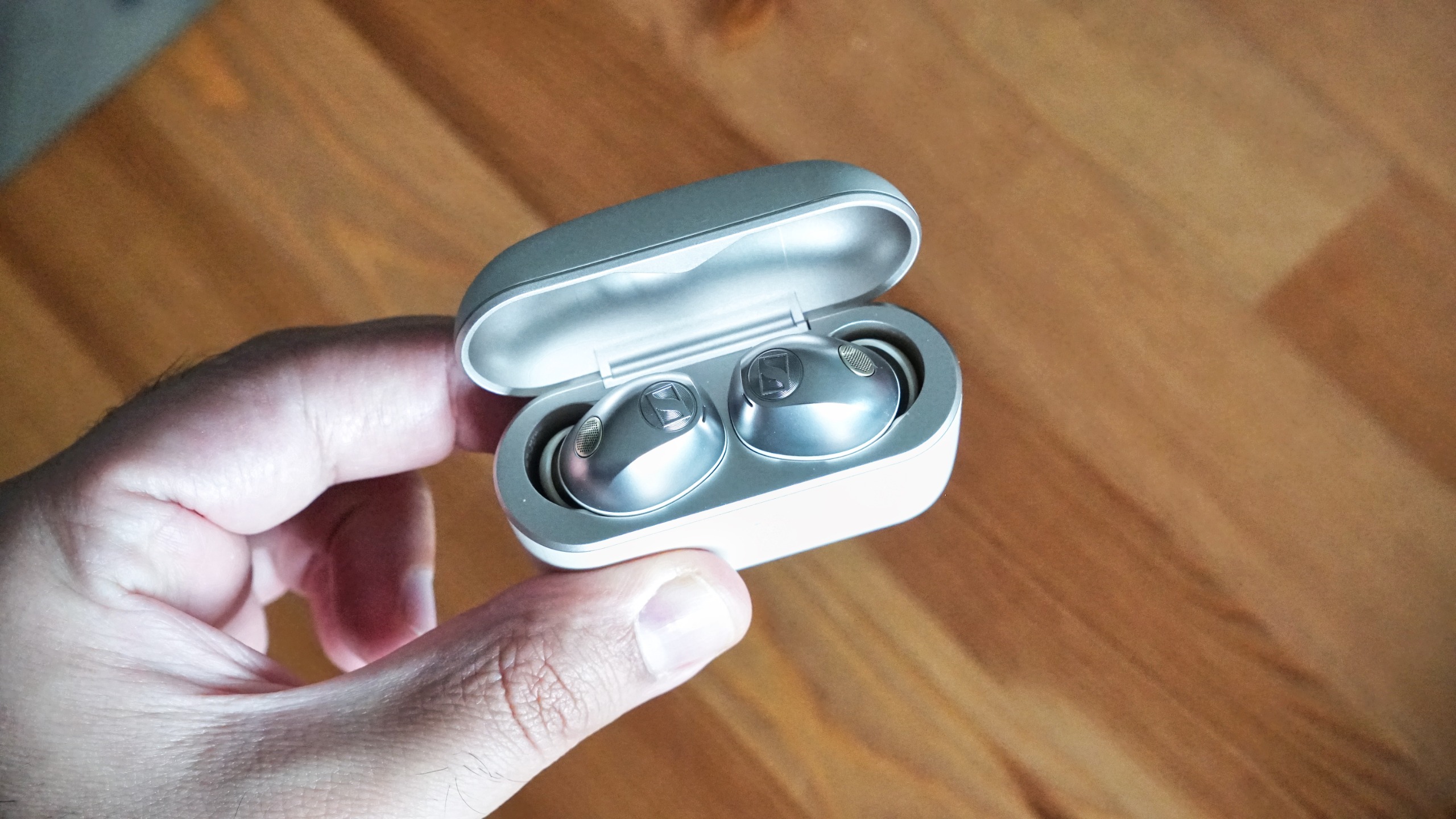 Sennheiser Momentum True Wireless 5 in white, showing details of the buds held in a hand