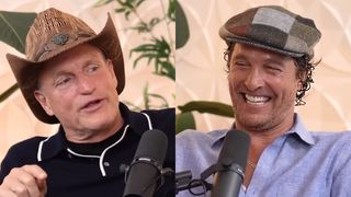 Woody in black polo & cowboy hat on his podcast Where Everybody Knows Your Name with Ted Danson and Woody Harrelson (sometimes), McConaughey wearing cabbie hat and light blue shirt on the show.