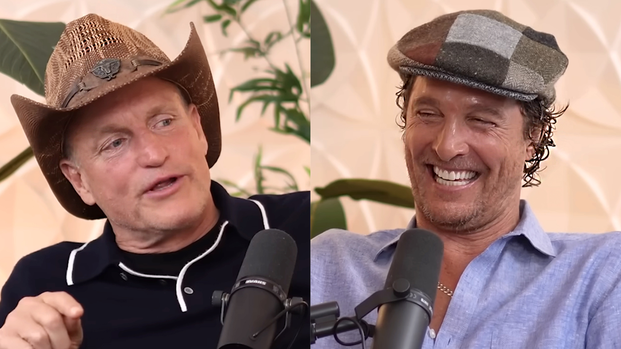 Woody in black polo &amp; cowboy hat on his podcast Where Everybody Knows Your Name with Ted Danson and Woody Harrelson (sometimes), McConaughey wearing cabbie hat and light blue shirt on the show.