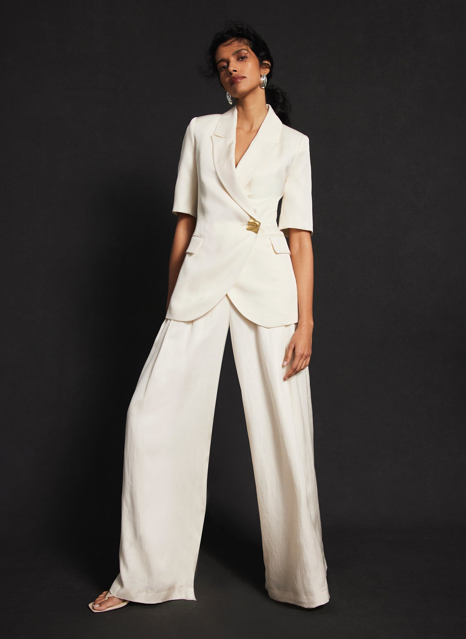 Cream Pleated Wide Satin Trousers