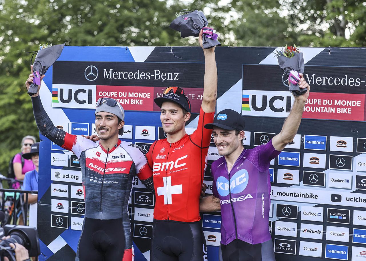 Filippo Colombo (BMC) takes centre stage on the XCC UCI MTB World Cup Mont-Sainte-Anne podium