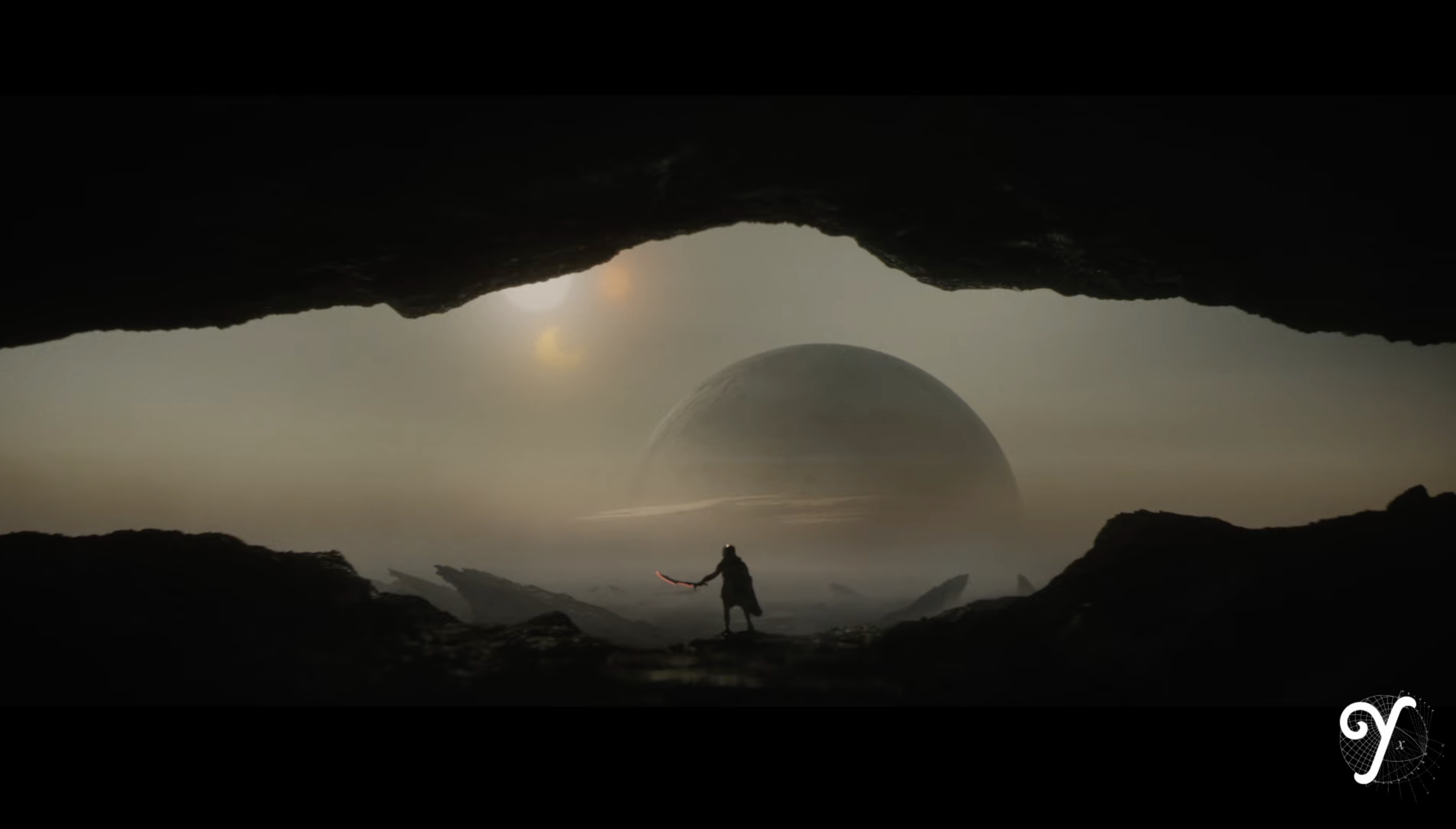 A scene from a sci-fi film, a character stands in front of a large planet