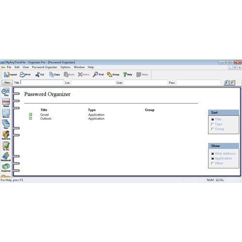 You can store online account usernames and passwords in the Password Organizer, which looks similar to the to-do list.