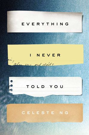 everything i never told you book cover with pieces of torn notebook paper