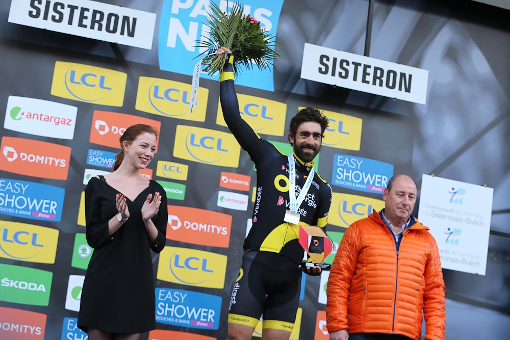 Jerome Cousin on the Paris-Nice podium after winning stage 5