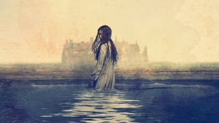 A faceless woman stands in the waters of a lake in front of a large stately home