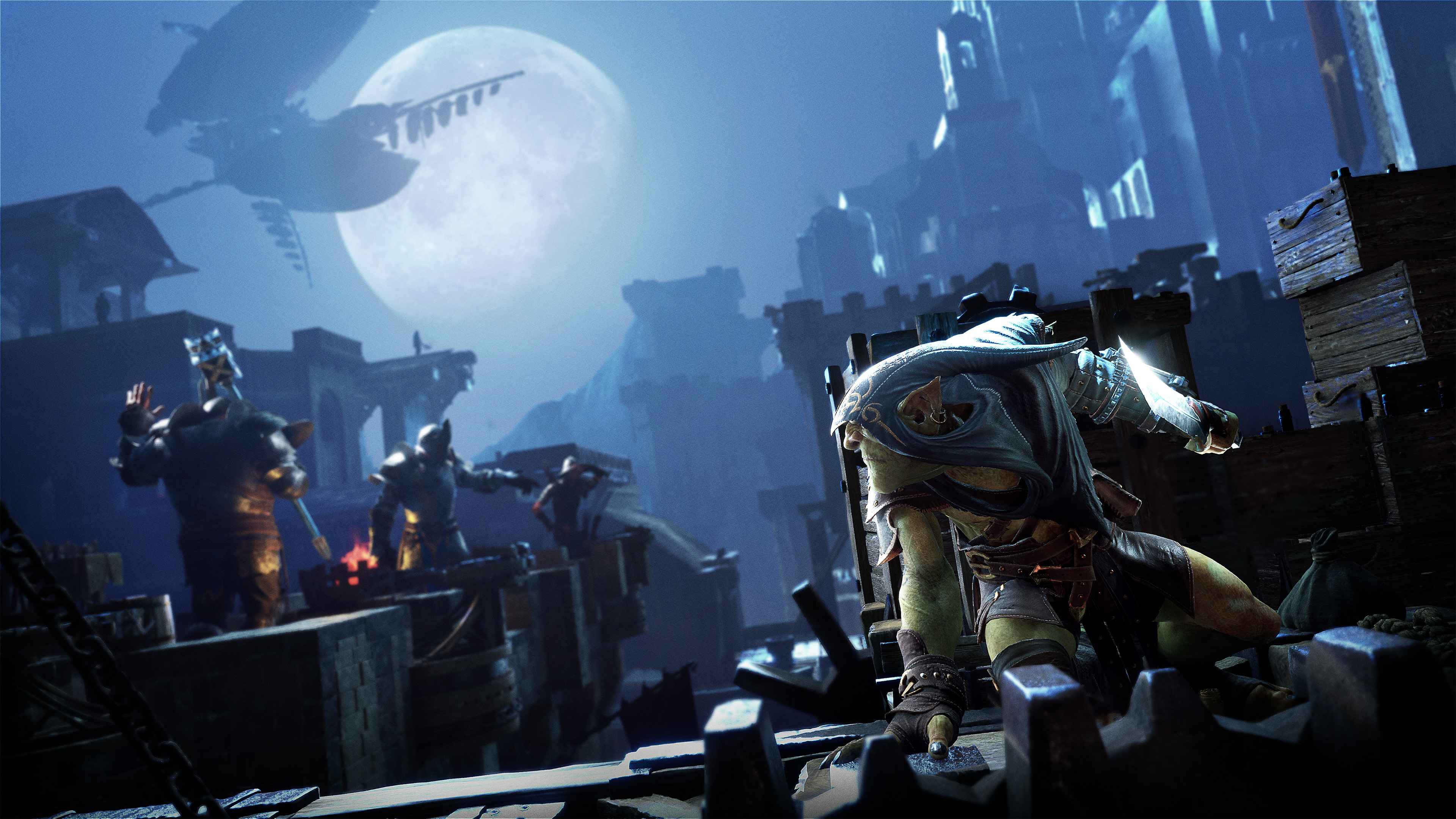 A screenshot from upcoming stealth game Styx: Blades of Greed showing Styx hiding from guards