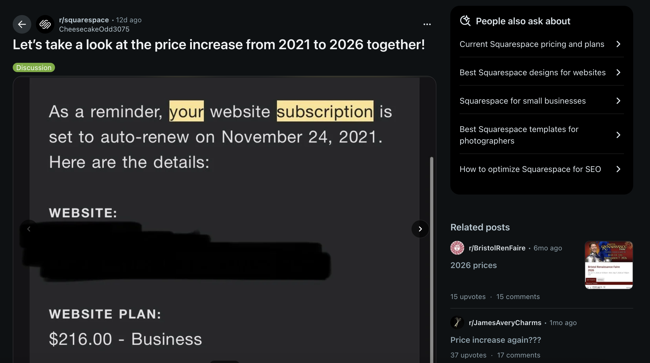 A post talking about Squarespace price increases on Reddit