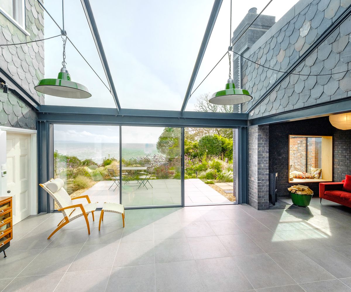 Glass roof link extension with views out to sea