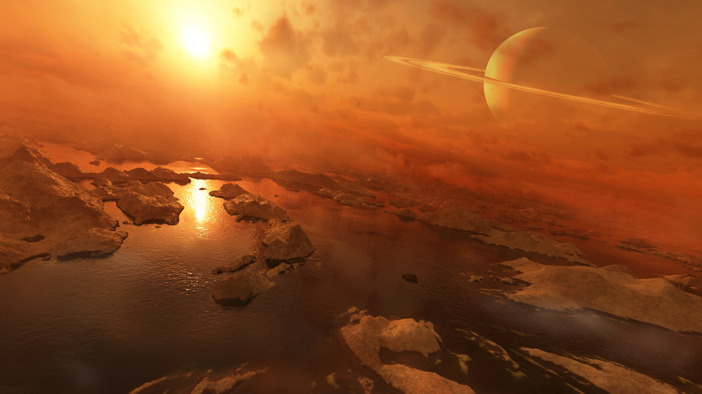 An artist's illustration of liquid water on the surface of Titan