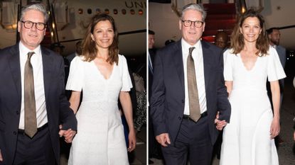 Composite of two pictures of Victoria Starmer, wearing a white dress, standing beside Sir Keir Starmer as they disembark a plane after arriving in the US