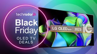 The LG C3 OLED TV next to a sign saying "black friday OLED TV deals"