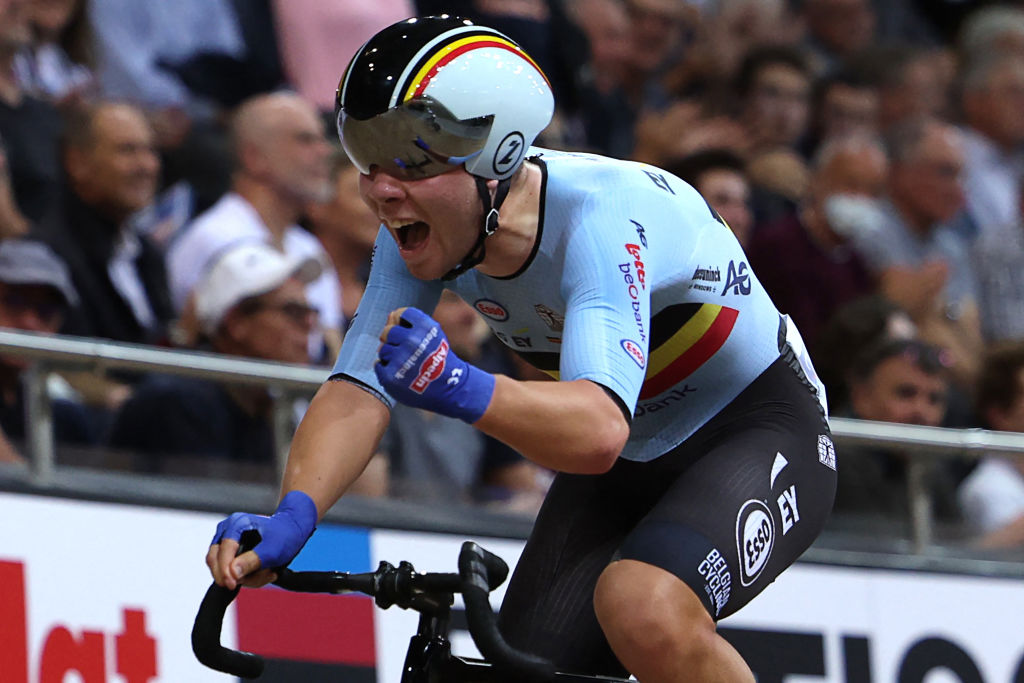 Belgiums Fabio Van Den Bossche celebrates his third place in the Mens Points Race 40 km final during the UCI Track Cycling World Championships at the Velodrome of SaintQuentinenYvelines southwest of Paris on October 14 2022 Photo by Thomas SAMSON AFP Photo by THOMAS SAMSONAFP via Getty Images