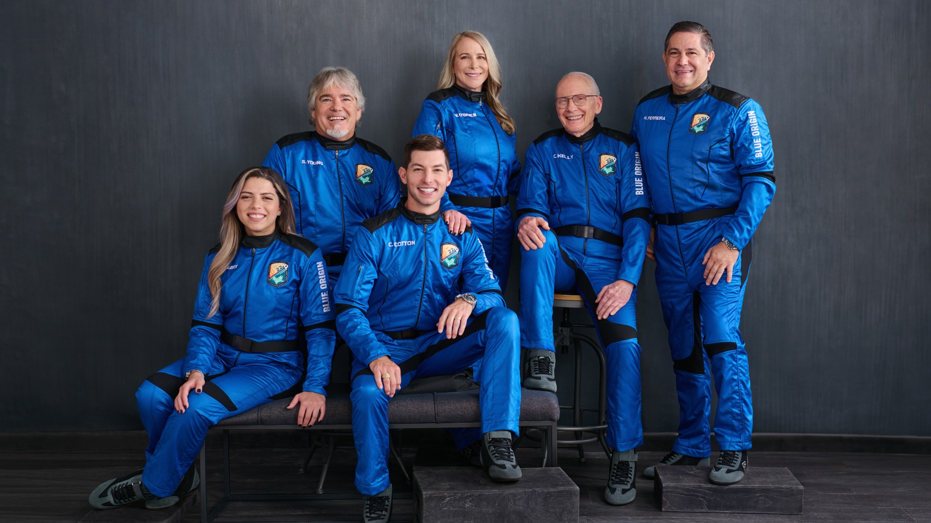 The crew of NS-22 pose for a portrait prior to their spaceflight.