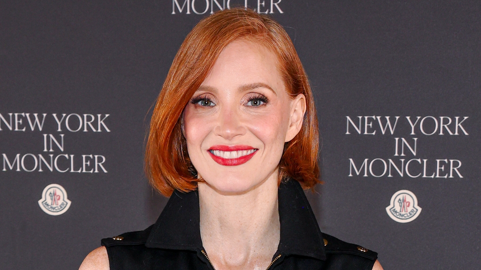 Jessica Chastain is pictured with copper hair and a bob haircut at the Moncler Fifth Avenue Flagship Opening at 767 Fifth Avenue on September 10, 2026 in New York City. 