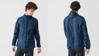 Front and back views of the Decathlon Kalenji Run Wind water-resistant men’s running jacket
