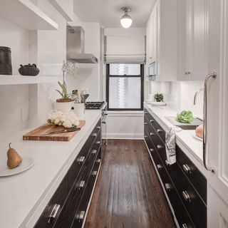 black and white galley kitchen