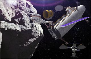 An artist's illustration of astronauts at a mini-moon of Earth, as well as other mining and transportation vehicles operating in space.