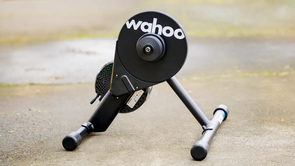 Side angle of Wahoo Kickr Core smart trainer outside