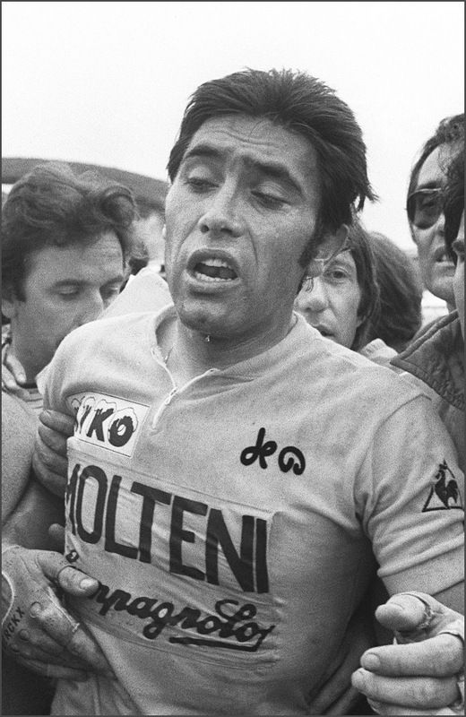 Eddy Merckx after finishing stage 14 of the Tour de France in 1974. Merckx was punched in the liver by a spectator in the final 150 metres of the stage