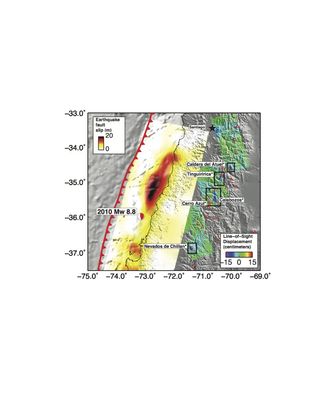 Map of southern Chile showing the location of fault movement during the 2010 Maule earthquake. The earthquake caused five volcanoes to sink, which are marked on the map.