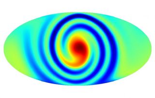If the universe were anisotropic (did not look the same regardless of direction), it would leave an imprint in the cosmic microwave background. This map shows what one such anisotropy might look like (minus the small-scale fluctuations in the light).