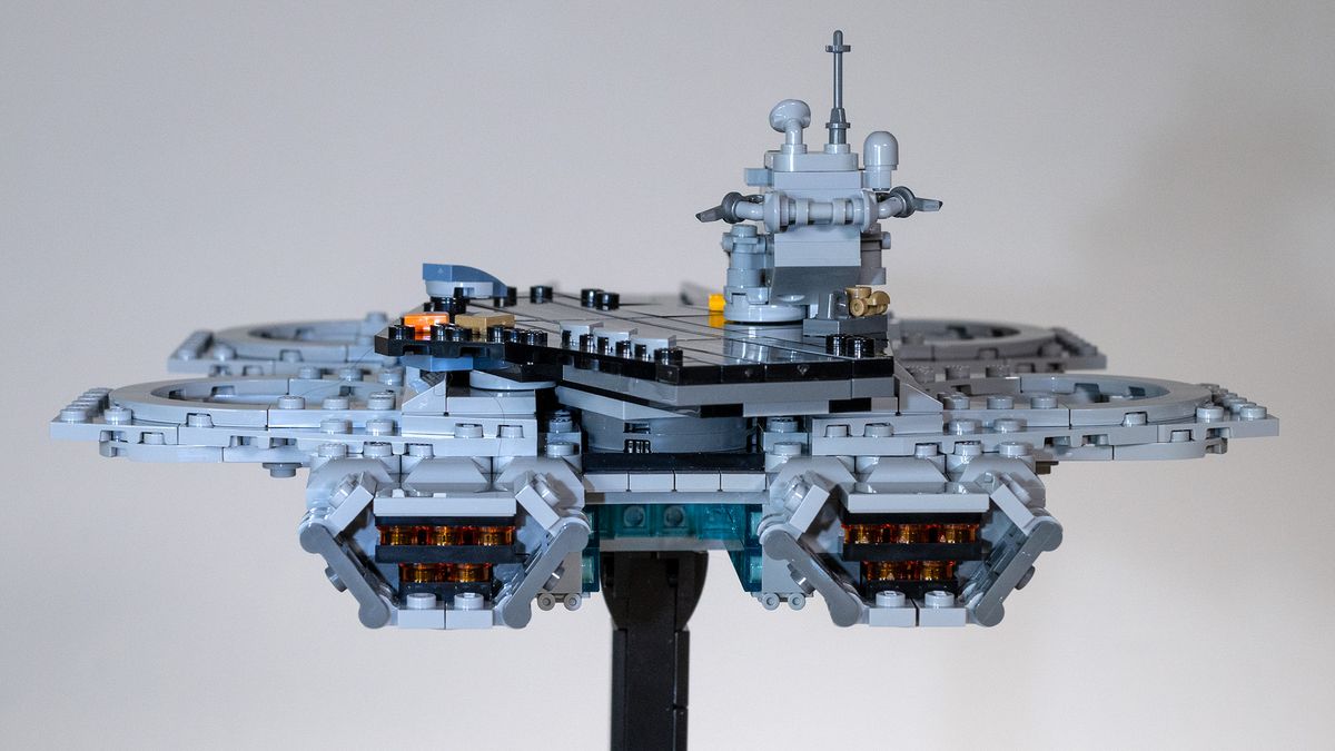 The Avengers Helicarrier (76295) rear view on a neutral background