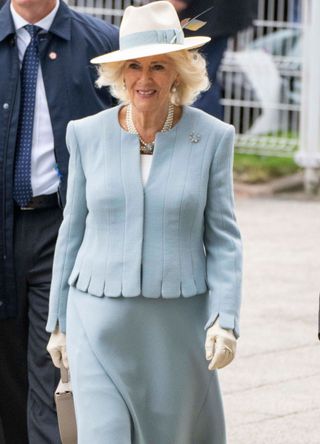 Queen Camilla attends Ladies Day at Epsom Downs Racecourse on May 31, 2024