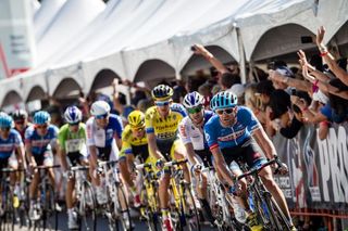 Phil Gaimon pulls the peloton on stage 7 of the USA Pro Challenge