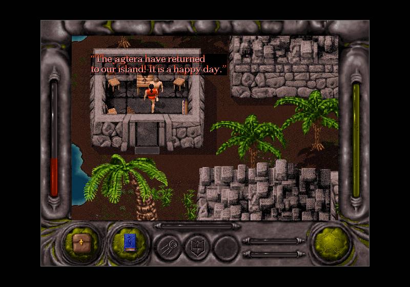 Entomorph gameplay showing player entering house on island
